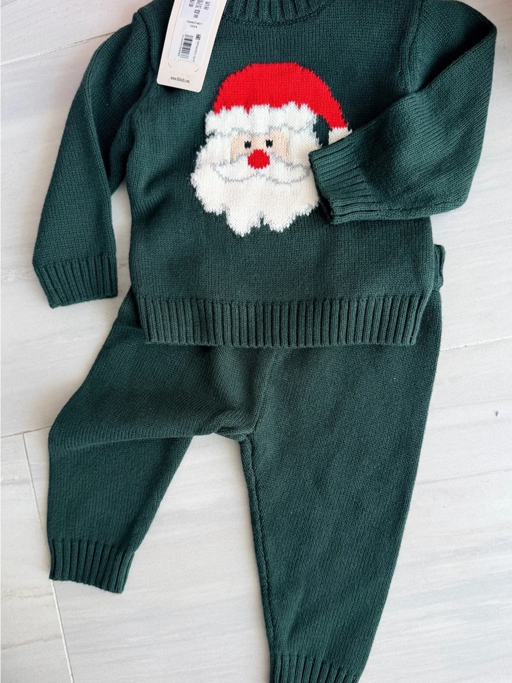 Kids Christmas Santa Knit Matching Set - Green 9M